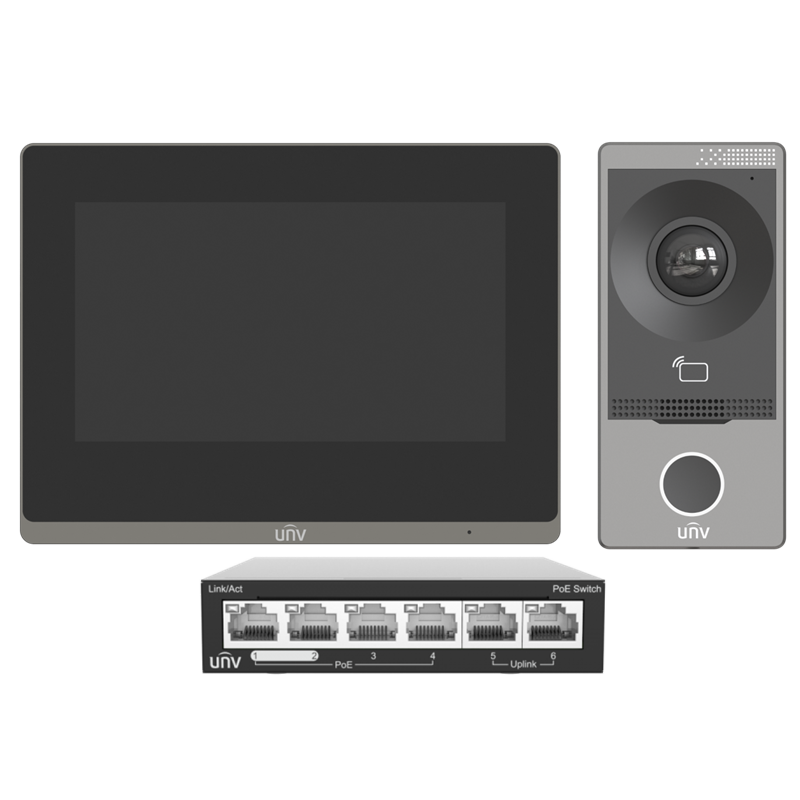 [KIT/201S/372S/NSW2020] KIT VIDEO PORTEIRO IP UNV (OEU-201S-HMK-W + OEI-372S-H-W + NSW2020-6T-POE-IN)