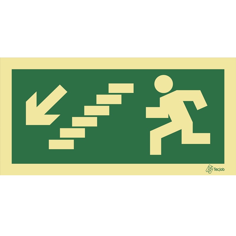 SEÑAL FOTOLUMINISCENTE SALIDA ESCALERAS BAJAN A LA IZQUIERDA 200x100mm