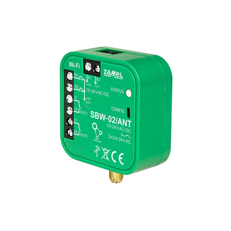 [ZMSBW02ANT] RECETOR Wi-Fi AUTOMATISMO 2 CANAIS SUPLA 12-24Vdc/ac COM ENTRADA ANTENA EXTERNA PARA CAIXA APARELHAGEM
