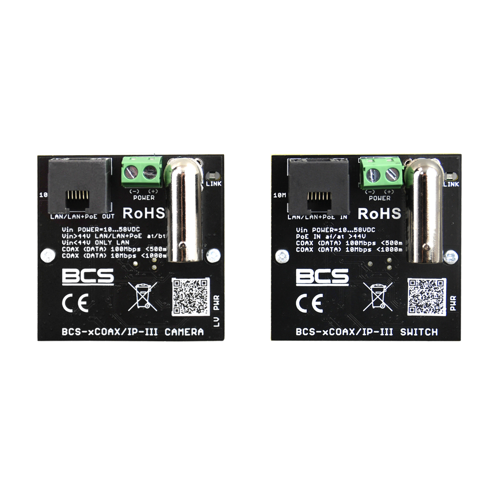 [BCS-XCOAX/IP-III] BALUN IP SOBRE COAXIAL BCS PoE IN/OUT 100Mbps ATÉ 500m